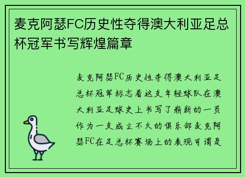 麦克阿瑟FC历史性夺得澳大利亚足总杯冠军书写辉煌篇章 麦克阿瑟FC历史性夺得澳大利亚足总杯冠军书写辉煌篇章